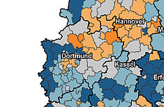 Regionale Verteilung des prozentualen Anteils Pflegebedürftiger mit vollstationärer Pflege (Bild: AGP Sozialforschung) Regionale Verteilung des prozentualen Anteils Pflegebedürftiger mit vollstationärer Pflege (Bild: AGP Sozialforschung)